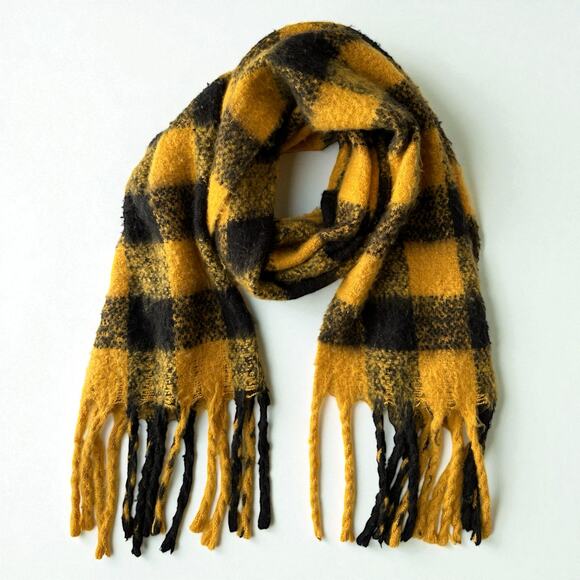 Unbranded Gingham Plaid Fuzzy Shawl Scarf with Fringe 20x88, Yellow Black - Picture 6 of 10